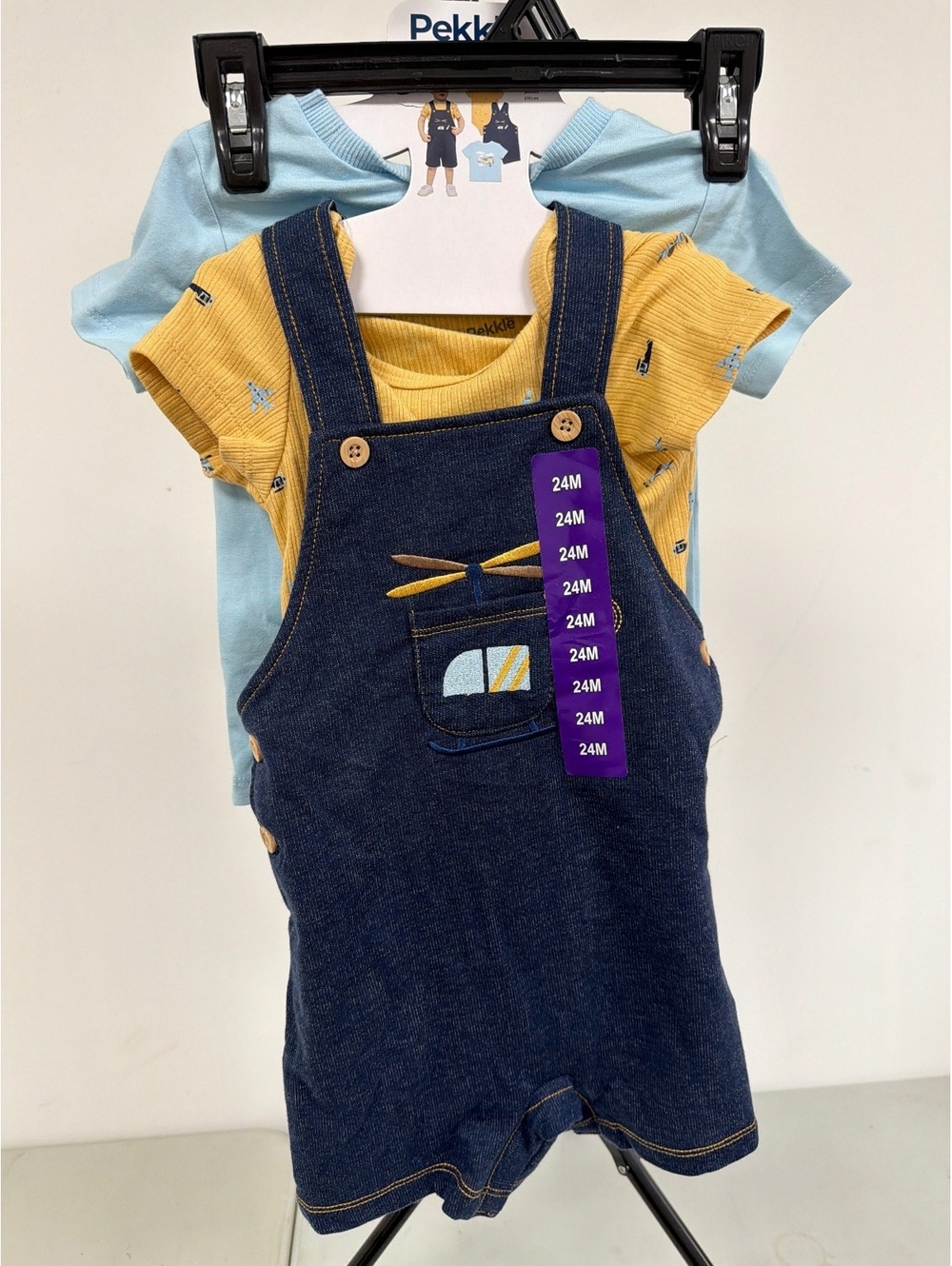 Pekkle 24M Toddler Boys' Outfit Set Blue Airplane Tee & Denim Overalls 0029